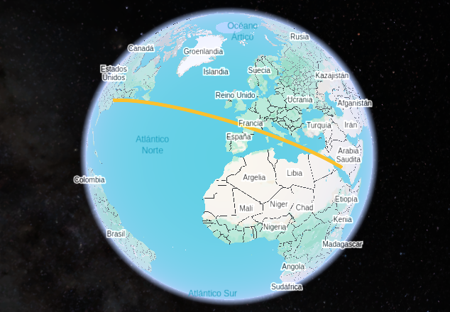 Visión tridimensional del círculo máximo que une Washington con La Meca