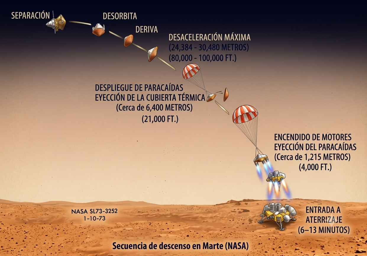 Esquema de la secuencia de entrada, descenso y aterrizaje de Viking, mostrando aeroshell, despliegue del paracaídas, separación del escudo y descenso propulsado.